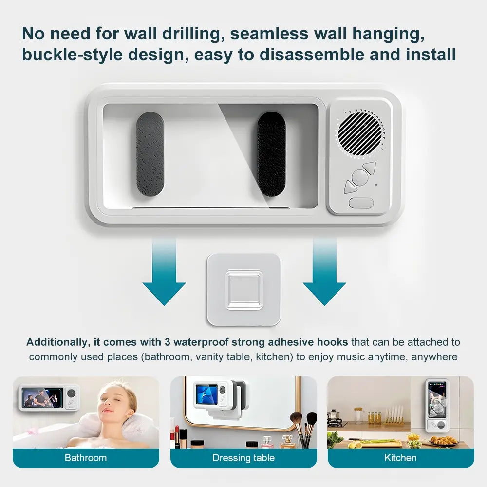 Waterproof Box Speaker, Bathroom Waterproof 360 ° Rotating Touch Screen, Bluetooth Speaker, Watch Movies, Listen to Music, Phone Holder Bluetooth Speaker Audio Shower TV Holder, Swimming Pool, Kitchen, Bathroom, Sink, Rechargeable Waterproof Speaker