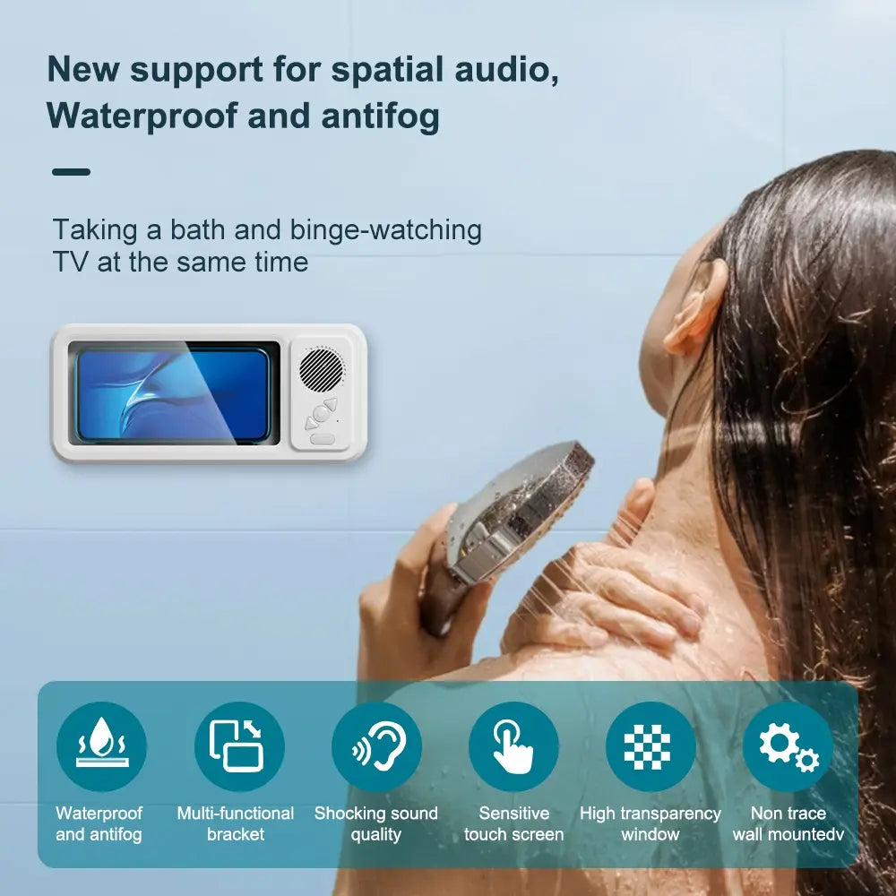 Waterproof Box Speaker, Bathroom Waterproof 360 ° Rotating Touch Screen, Bluetooth Speaker, Watch Movies, Listen to Music, Phone Holder Bluetooth Speaker Audio Shower TV Holder, Swimming Pool, Kitchen, Bathroom, Sink, Rechargeable Waterproof Speaker