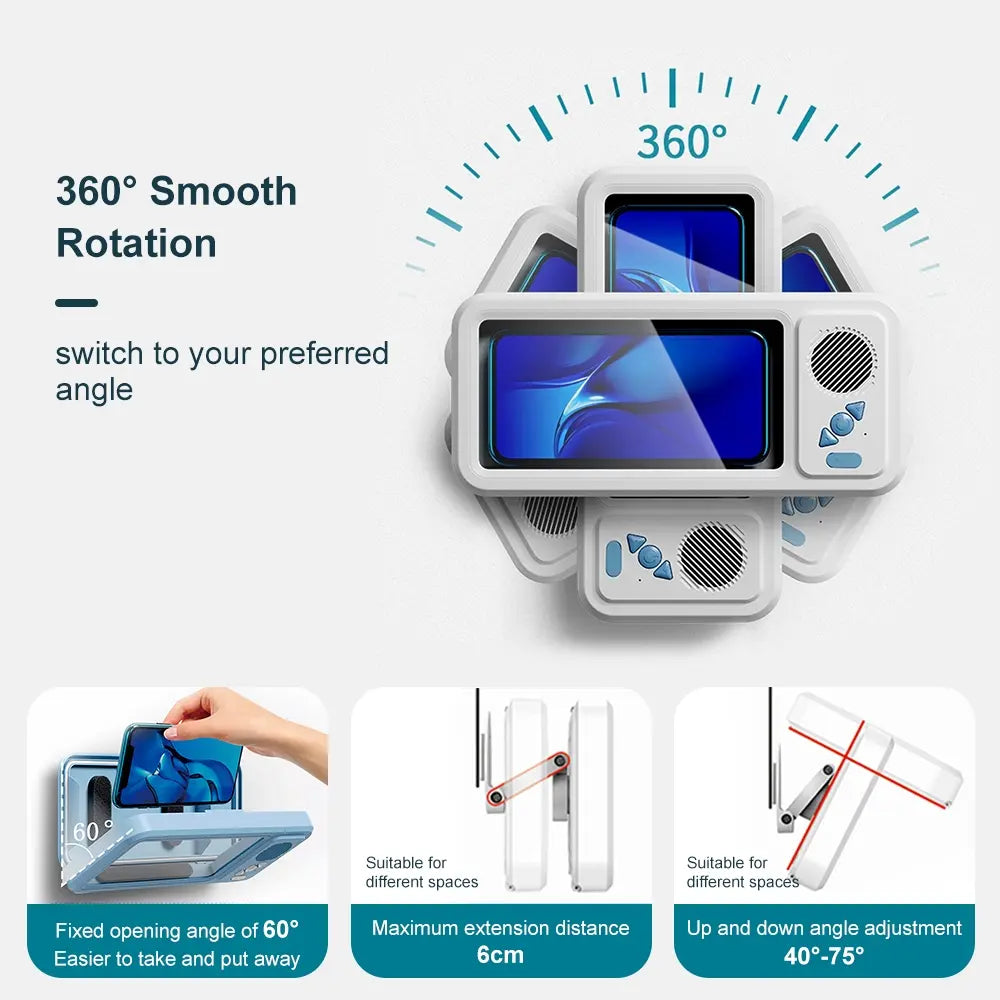 Waterproof Box Speaker, Bathroom Waterproof 360 ° Rotating Touch Screen, Bluetooth Speaker, Watch Movies, Listen to Music, Phone Holder Bluetooth Speaker Audio Shower TV Holder, Swimming Pool, Kitchen, Bathroom, Sink, Rechargeable Waterproof Speaker