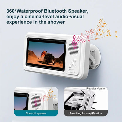 Waterproof Box Speaker, Bathroom Waterproof 360 ° Rotating Touch Screen, Bluetooth Speaker, Watch Movies, Listen to Music, Phone Holder Bluetooth Speaker Audio Shower TV Holder, Swimming Pool, Kitchen, Bathroom, Sink, Rechargeable Waterproof Speaker
