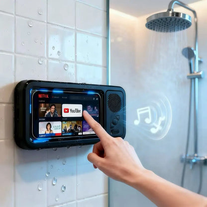 Waterproof Box Speaker, Bathroom Waterproof 360 ° Rotating Touch Screen, Bluetooth Speaker, Watch Movies, Listen to Music, Phone Holder Bluetooth Speaker Audio Shower TV Holder, Swimming Pool, Kitchen, Bathroom, Sink, Rechargeable Waterproof Speaker