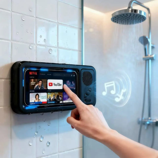 Waterproof Box Speaker, Bathroom Waterproof 360 ° Rotating Touch Screen, Bluetooth Speaker, Watch Movies, Listen to Music, Phone Holder Bluetooth Speaker Audio Shower TV Holder, Swimming Pool, Kitchen, Bathroom, Sink, Rechargeable Waterproof Speaker